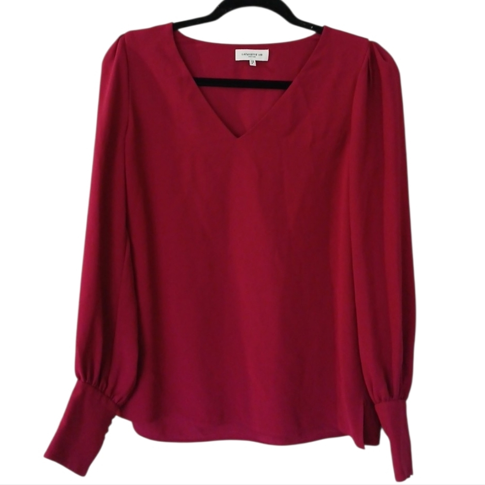 Lafayette 148 Berry V-Neck Blouse Puffed Sleeves Designer Workwear Top Small